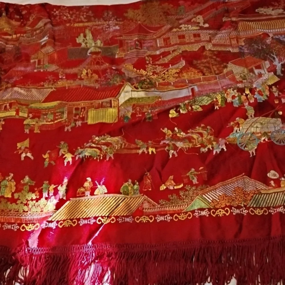 Vintage Asian Brocaded Flowers Silk Embroidered Red Square Fringe Tablecloth